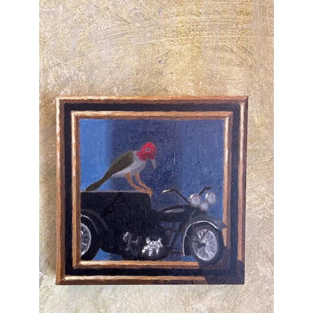 This artwork features a whimsical scene where a vividly colored bird perches atop a vintage motorcycle, creating a...