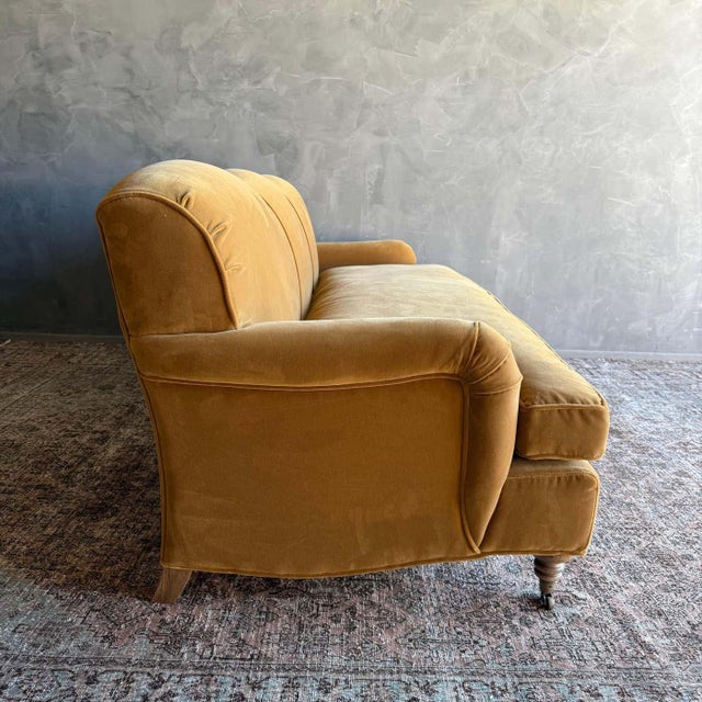 Modern English Sofa in a Caramel Mustard Faux Velvet Mohair With Down Cushion For Sale In Los Angeles - Image 6 of 10