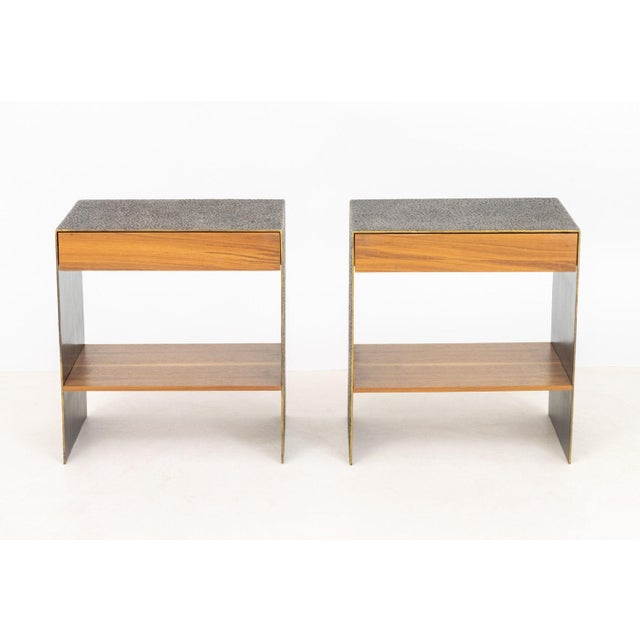 Pair of Aurelien Gallet "Sumitra" Hammered Bronze and Walnut Side Tables, with single pull drawer above bottom shelf. 24"...