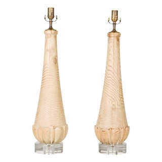 Mid 20th Century English Midcentury Pine Table Lamps with Natural Finish and Lucite Bases - Pair For Sale