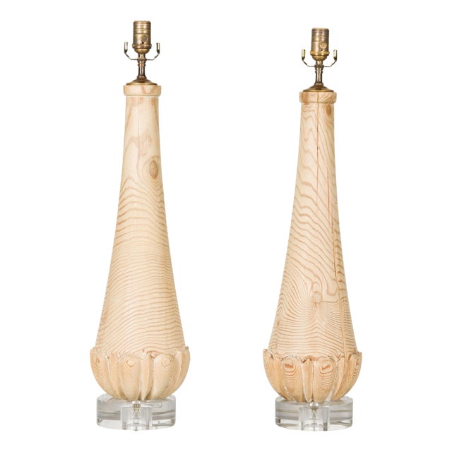 Mid 20th Century English Midcentury Pine Table Lamps with Natural Finish and Lucite Bases - Pair For Sale