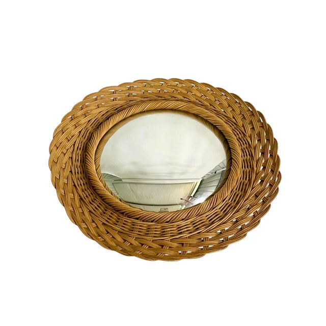 Wood Vintage French Wave Edge Wicker Sunburst Convex Mirror, Mid-Century For Sale - Image 7 of 9