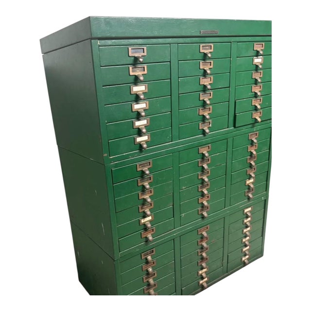 Art Deco Vintage Library Bureau Green 54-Drawer Card Catalog Cabinet For Sale - Image 3 of 4