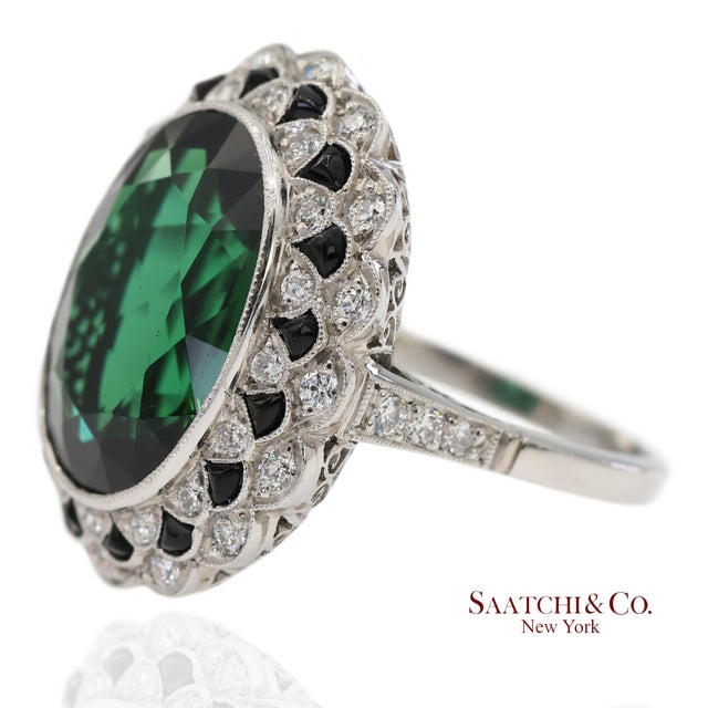 Contemporary Vintage Platinum 950 Milgrain Natural Diamond and Tourmaline Ring, Size 7 For Sale - Image 3 of 12