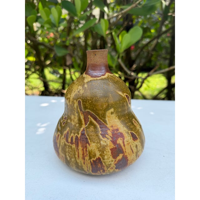 Vintage 5” Organic Studio Pottery Bottle Vase in Olive Drip Glaze For Sale - Image 4 of 11
