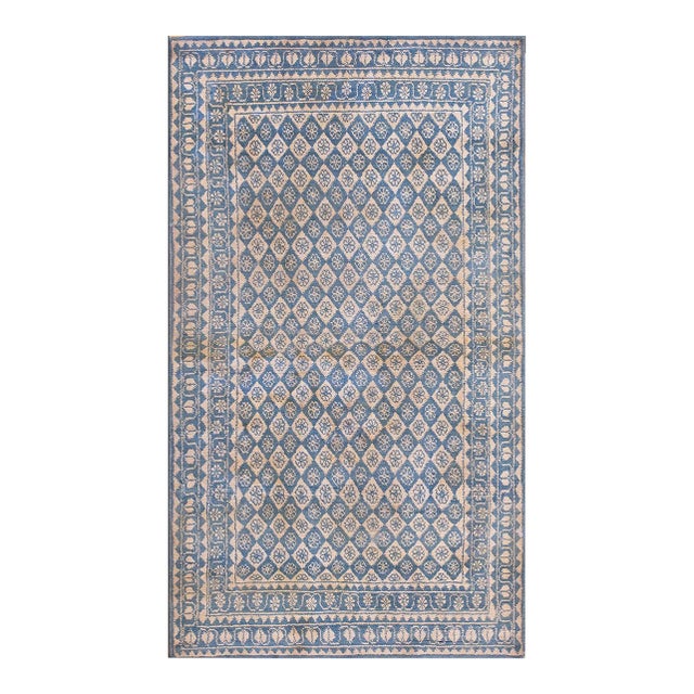 1920s Blue White Geometric Antique Indian Agra Cotton Carpet 4' X 7' Handknotted Rug For Sale