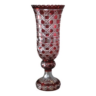 Vintage Bohemian Czech Ruby Red Cut to Clear Footed Crystal Flower Vase For Sale