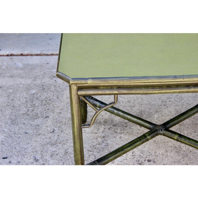 A lovely and rare original GREEN finish adorns this vintage bamboo table. Beautiful "fretwork" lends a Chinoiserie...
