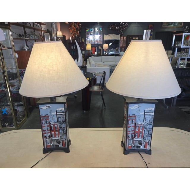 Gorgeous pair of rare Maurice Heaton “Brownstone” glass lamps, 1950’s, USA. Maurice Heaton grew up with two generations of...
