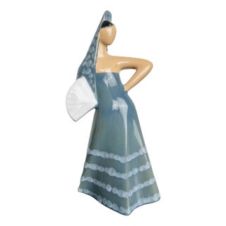 Spanish Flamenco Dancer Ceramic Figurine with Fan from KERA, Czechoslovakia, 1960s For Sale