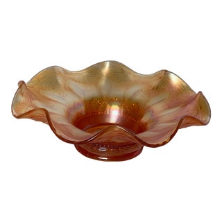 Early 1900s Northwood Stamped Hand Etched Iridescent Marigold Rosette Glass Ruffled Bowl For Sale