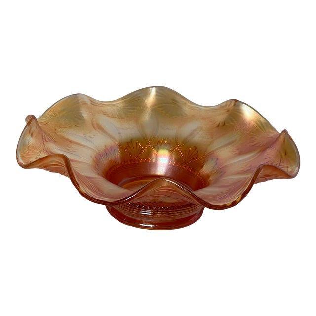 Early 1900s Northwood Stamped Hand Etched Iridescent Marigold Rosette Glass Ruffled Bowl For Sale