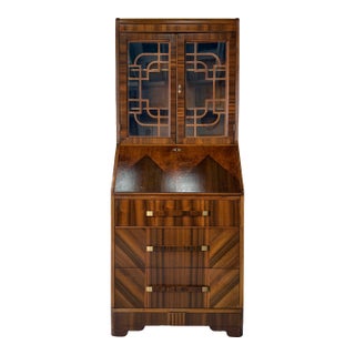 Vintage Art Deco Mahogany Secretary Cabinet With Display Hutch & Drawers For Sale