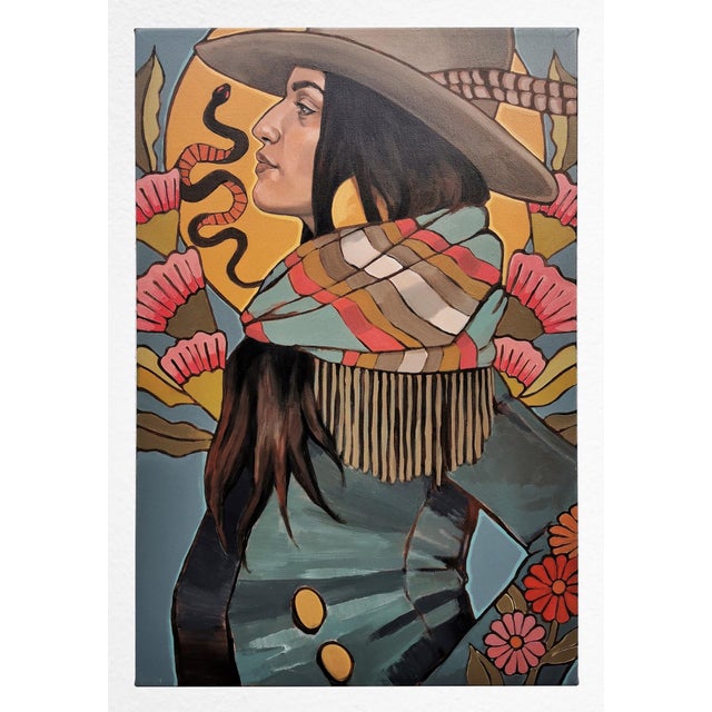 In "High on the Mountain," a striking figure stands confidently against a backdrop of vibrant flora and serpentine motifs....