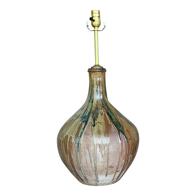Vintage Boho Drip Glaze Studio Pottery Lamp For Sale