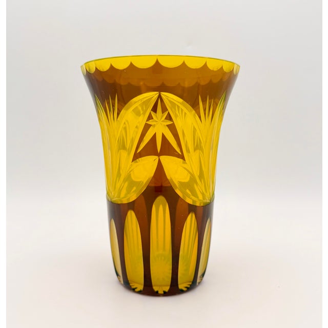 Art Deco Bohemian Czech Amber & Canary Yellow Cut to Clear Vase | Tulip Motif | Early 20th C Style For Sale - Image 3 of 4