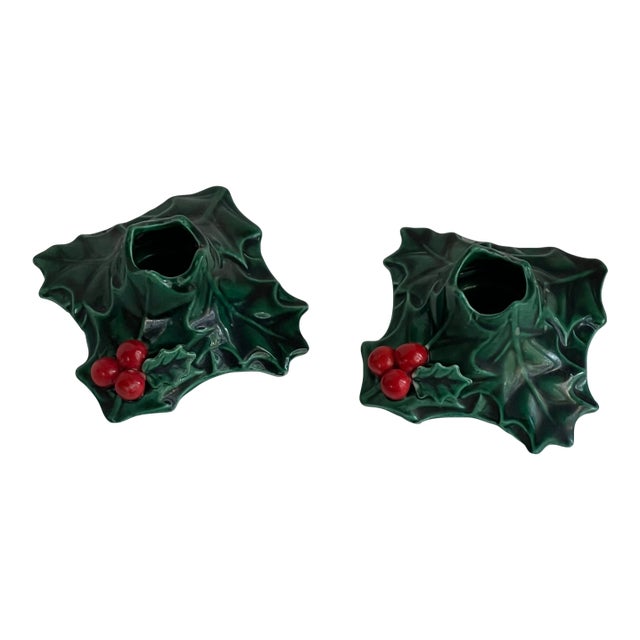 1970s Lefton (Japan) Green Holly Candle Holders For Sale