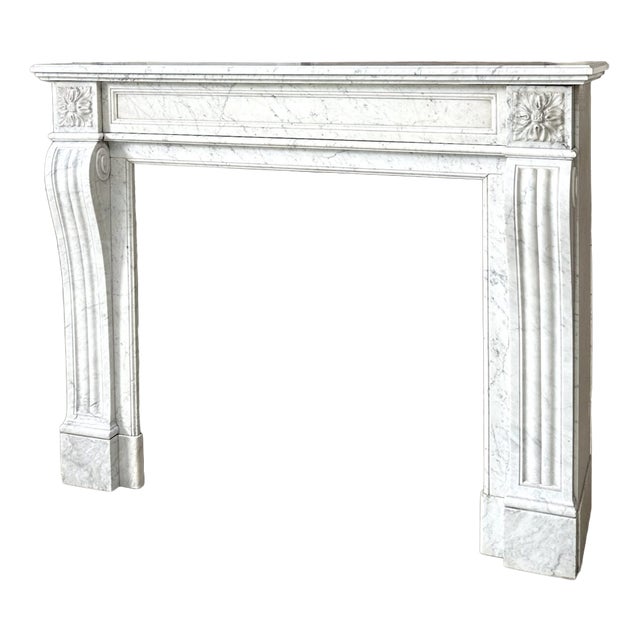 French Louis XVI Style White Carrara Marble Fireplace, 1890 For Sale