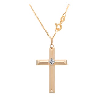 14k Yellow Gold Cross Pendant With Diamond and Chain For Sale