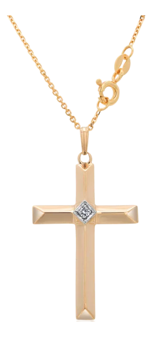 14k Yellow Gold Cross Pendant With Diamond and Chain