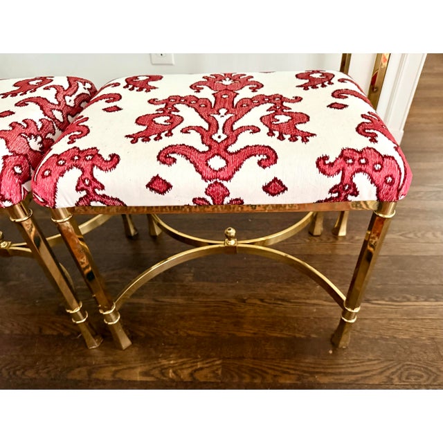 Brass & Glass Console With Pair of Upholstered Benches Stools 3 Pc For Sale In New York - Image 6 of 11