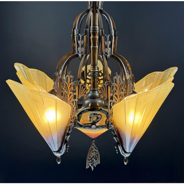 1930s Mid-West Mfg. Soleure Series Art Deco 6-Light Slip Shade Chandelier in Cast Bronze For Sale - Image 10 of 15
