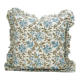 Fabdivine Elegant Block Printed Frill Cushion Cover Blue 14x14 Inch Off-White Linen- Neerabel For Sale