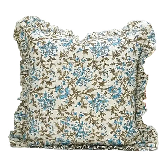 Fabdivine Elegant Block Printed Frill Cushion Cover Blue 14x14 Inch Off-White Linen- Neerabel For Sale