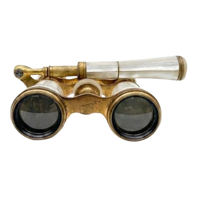 Antique French Lemaire j.e. Fils Paris Mother of Pearl & Brass Opera Glasses With Telescoping Handle - 7" For Sale
