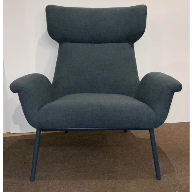 Stylish Mid-Century Modern Style Navy Blue Wool Blend Lounge Chairs Pair, matching metal legs, brown leather strap detail...