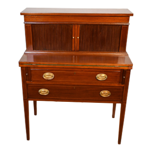 1910s Antique English Sheraton Mahogany Inlaid Writing Secretary Tambour Desk.