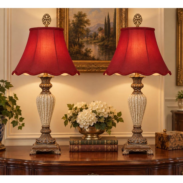 Late 20th Century Neoclassical Cream Crackle Urn Lamps With Deep Red Bell Shades - Pair For Sale - Image 4 of 6
