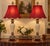 Late 20th Century Neoclassical Cream Crackle Urn Lamps With Deep Red Bell Shades - Pair For Sale - Image 4 of 6