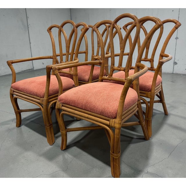 Wood Vintage Rattan Fan Back Dining Chairs With Arms — Set of 4 | Palm Beach Regency For Sale - Image 7 of 9