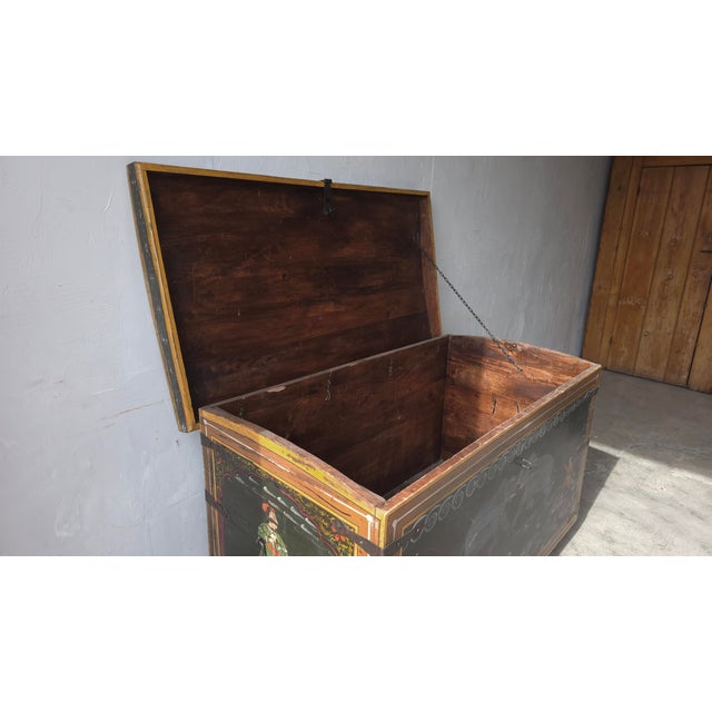 Black Huge Hand Painted 19th Century Indian Wedding Dowry Trunk For Sale - Image 8 of 15