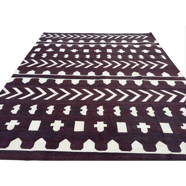 Textile Handmade Cotton Area Rug, Natural Vegetable Dyed, Brown & Cream Geometric Dhurrie-8'x10' For Sale - Image 7 of 11