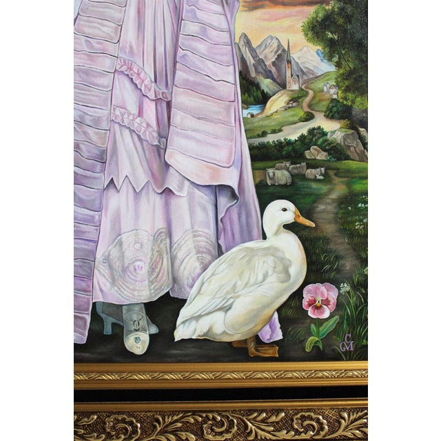 Surrealism The Unknown Maiden by Claudia Griesbach-Martucci | Oil on board Woman in a dress with animal masks and a lamb. For Sale - Image 3 of 5