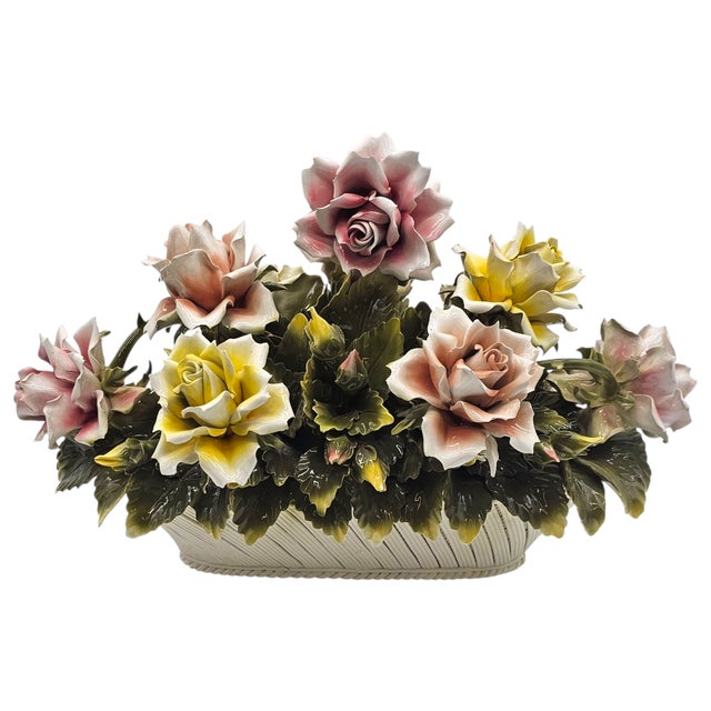Rococo VTG Large Italian Porcelain Rose Bouquet Basket Centerpiece Capodimonte 22.5” For Sale - Image 3 of 18