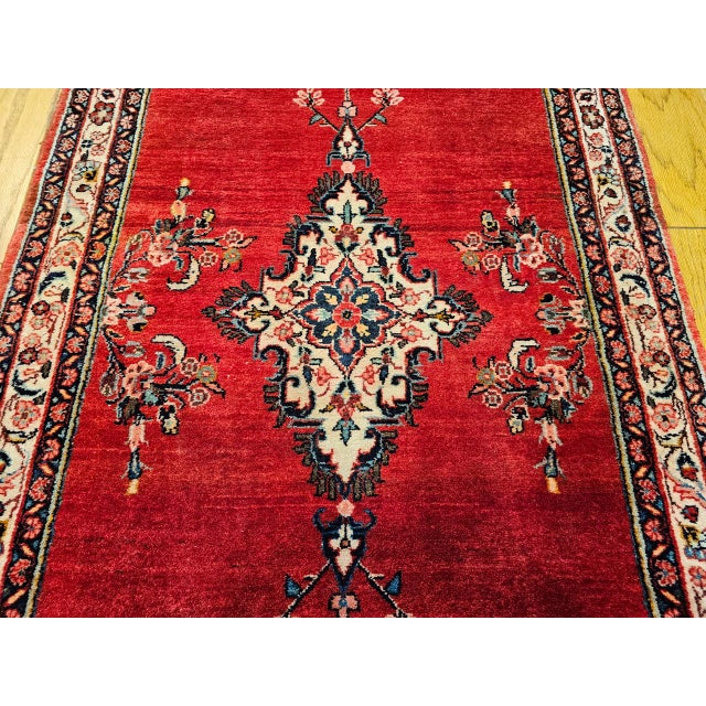 Vintage Persian Hamadan Wide Runner, Hand-Knotted Wool, Open Field Geometric Pattern, Red & Ivory. 4x10 For Sale - Image 16 of 18