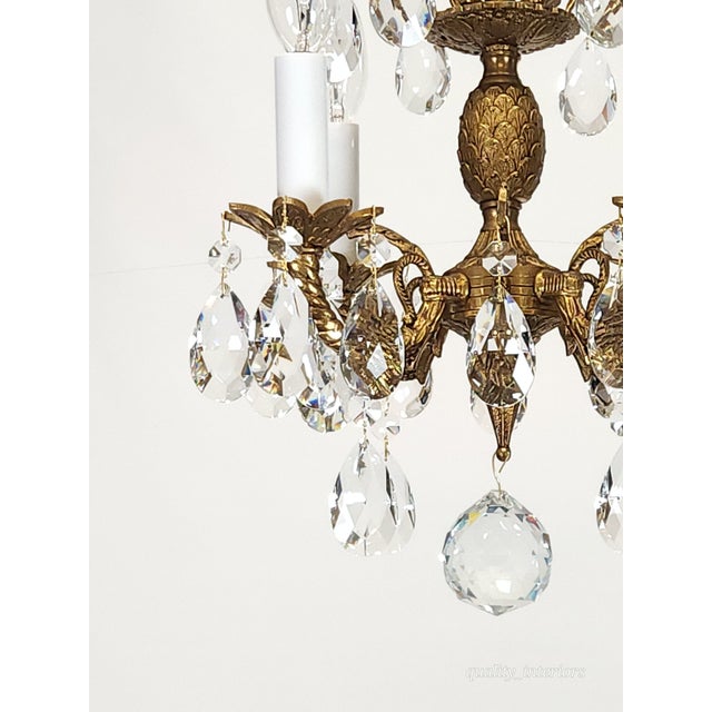 Shabby Chic Vintage 4 Arm 4 Light Baby Pineapple Brass Cut Lead Glass Crystal Chandelier For Sale - Image 3 of 12