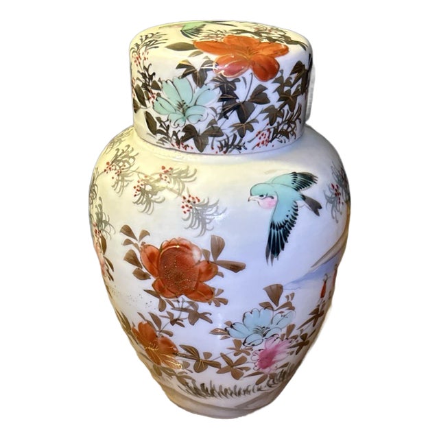Hand-Painted Lidded Porcelain Jar With Birds & Blossoms For Sale