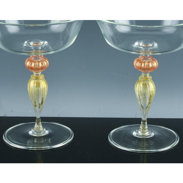 1960s Vintage Murano Glass Champagne Coupes, Peach and Gold-Leaf Ribbed Stems, Set of Ten For Sale - Image 5 of 8