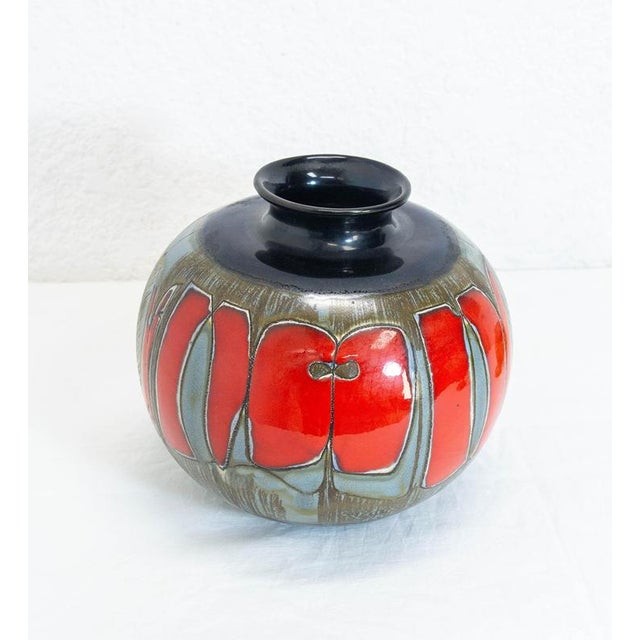1960s Mid-Century German Grey, Red & Dark Blue Ceramic Vase with Leaves Motif, 1960s For Sale - Image 5 of 12