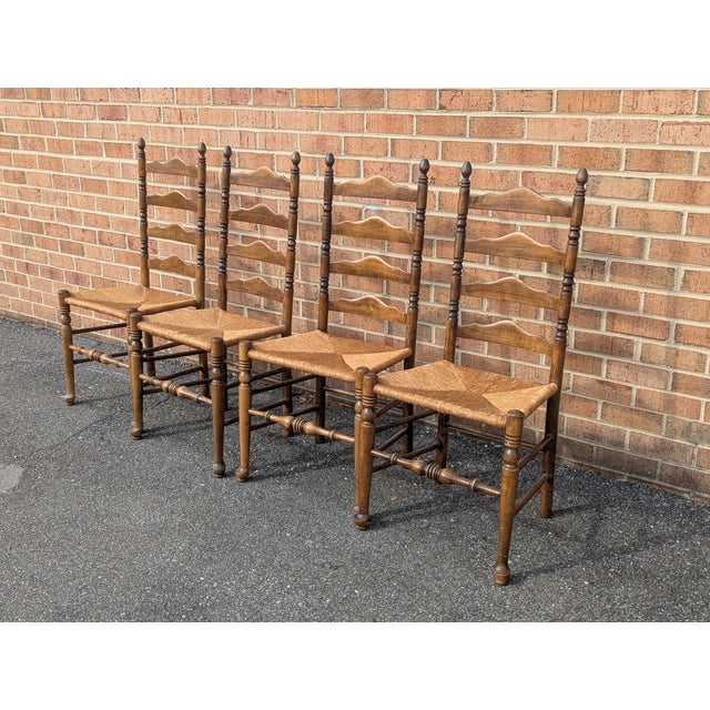 French Country Vintage Set of Four Colonial-Style Ladderback Dining Chairs With Rush Seats | Farmhouse, Shaker, French Country Style For Sale - Image 3 of 6