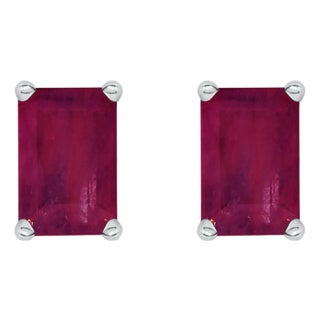 14K White Gold 6x4MM Emerald Shaped Ruby Solitaire Stud Earrings For Sale