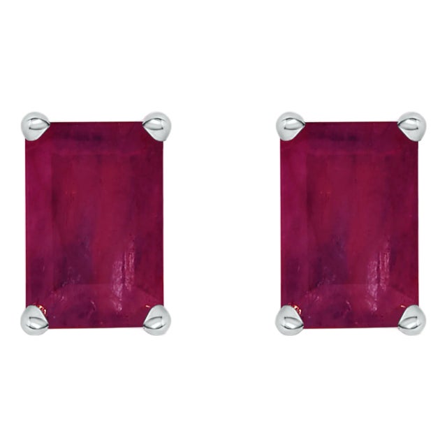 14K White Gold 6x4MM Emerald Shaped Ruby Solitaire Stud Earrings For Sale