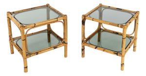 Mid-Century Side Tables in Rattan, Bamboo and Smoked Glass, Italy, 1970s, Set of 2