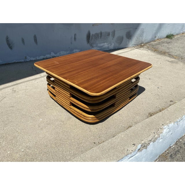 1950s 1940s Restored Stacked Slat Rattan Cocktail Table With Cutouts and Mahogany Top For Sale - Image 5 of 5