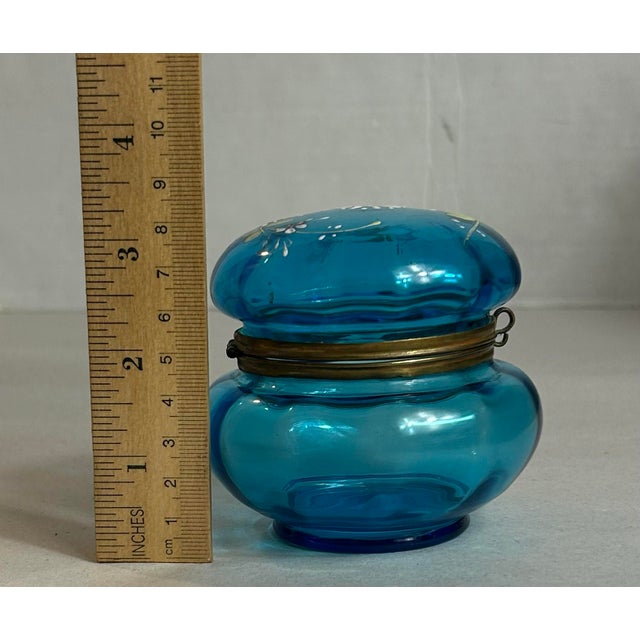 Antique Victorian Attributed to Moser Vanity Powder Jar Painted Blue Bohemian Glass Brass Hinge For Sale - Image 12 of 12