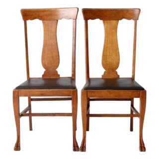 Antique Oak Splat Back Side Chairs Pair For Sale